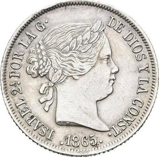 Аверс монеты - 40 сентимо эскудо 1865 года Шестиконечные звёзды - цена серебряной монеты - Испания, Изабелла II