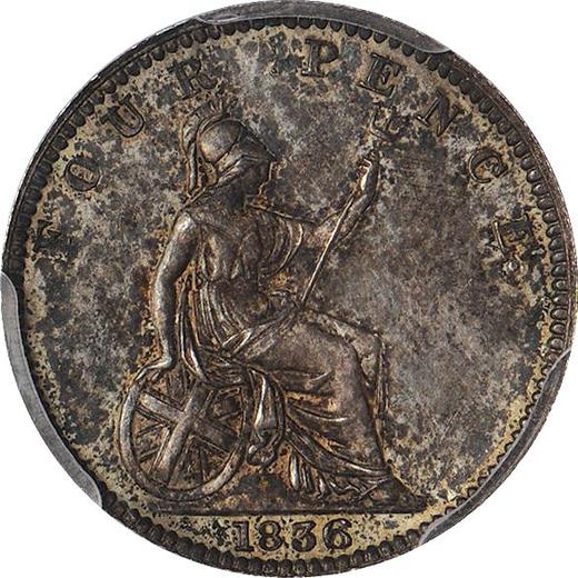 Reverso Pruebas 4 peniques (Groat) 1836 Canto liso - valor de la moneda de plata - Gran Bretaña, Guillermo IV