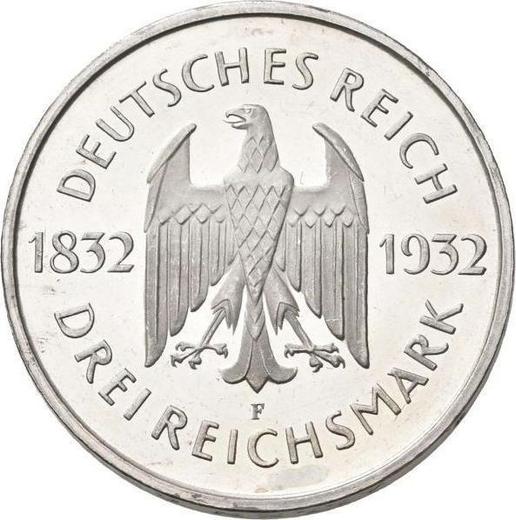 Аверс монеты - 3 рейхсмарки 1932 года F "Гёте" - цена серебряной монеты - Германия, Bеймарская республика