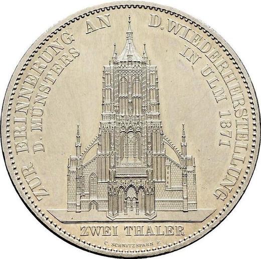 Reverso 2 táleros 1871 "Restauración de la catedral de Ulm" - valor de la moneda de plata - Wurtemberg, Carlos I de Wurtemberg