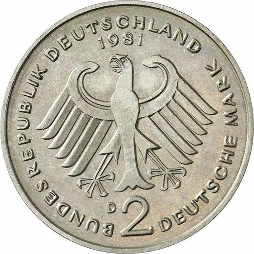 Reverso 2 marcos 1981 D "Kurt Schumacher" - valor de la moneda  - Alemania, RFA