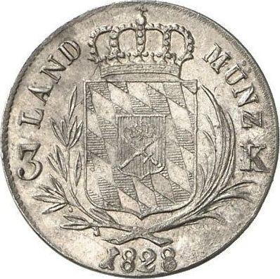 Rewers monety - 3 krajcary 1828 - cena srebrnej monety - Bawaria, Ludwik I