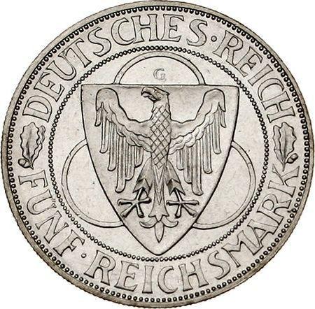 Аверс монеты - 5 рейхсмарок 1930 года G "Освобождение Рейнской области" - цена серебряной монеты - Германия, Bеймарская республика