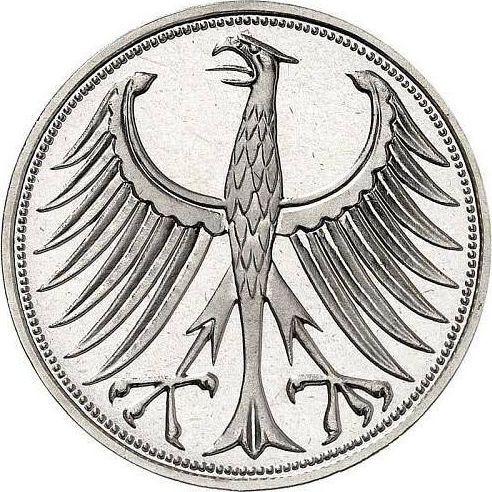 Реверс монеты - 5 марок 1966 года J - цена серебряной монеты - Германия, ФРГ