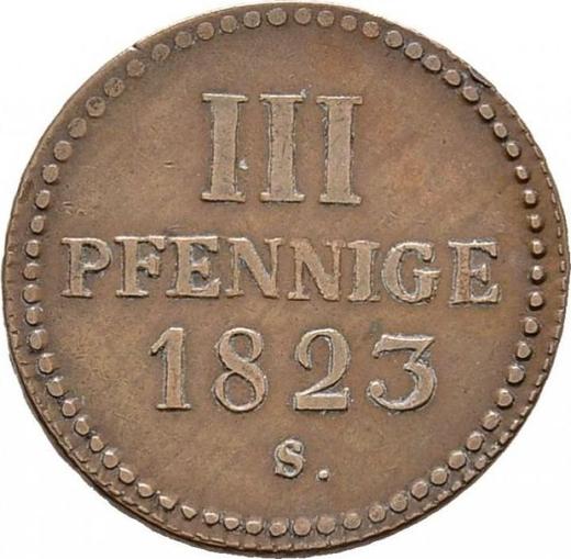 Реверс монеты - 3 пфеннига 1823 года S - цена  монеты - Саксония-Альбертина, Фридрих Август I