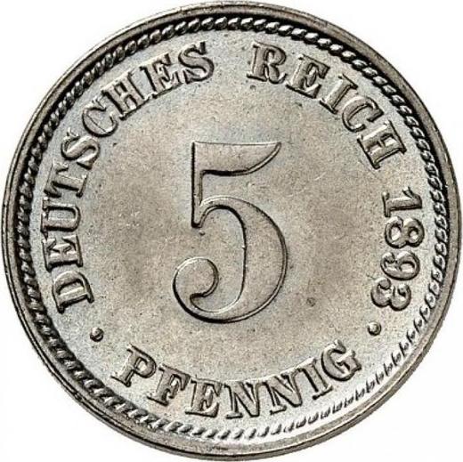 Аверс монеты - 5 пфеннигов 1893 года D "Тип 1890-1915" - цена  монеты - Германия, Германская Империя
