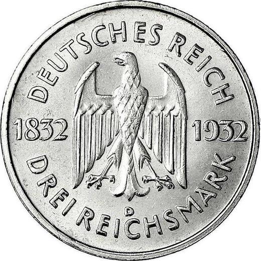 Anverso 3 Reichsmarks 1932 D "Goethe" - valor de la moneda de plata - Alemania, República de Weimar