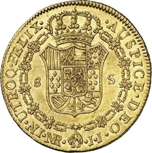 Реверс монеты - 8 эскудо 1784 года NR JJ - цена золотой монеты - Колумбия, Карл III