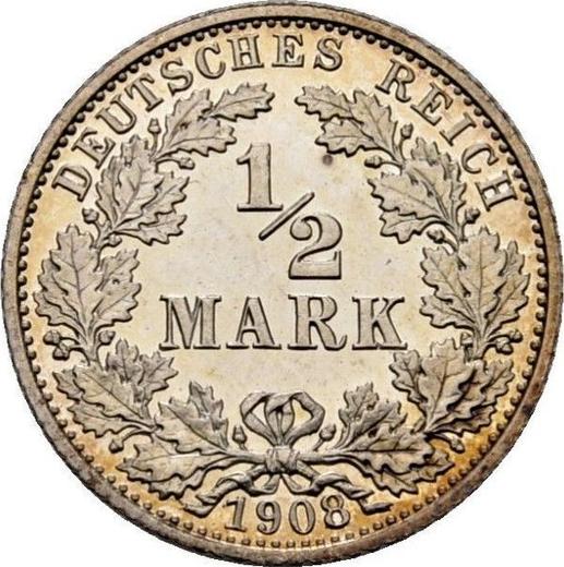 Аверс монеты - 1/2 марки 1908 года A "Тип 1905-1919" - цена серебряной монеты - Германия, Германская Империя