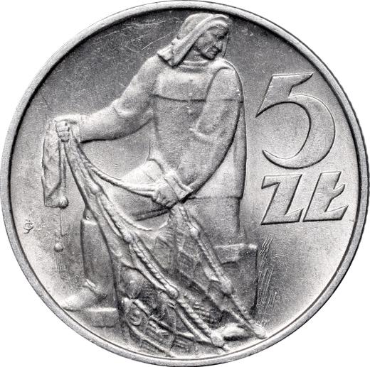 Реверс монеты - 5 злотых 1974 года MW WJ JG "Рыбак" На траве - цена  монеты - Польша, Народная Республика