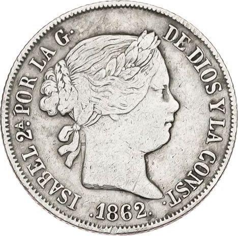 Аверс монеты - 4 реала 1862 года Семиконечные звёзды - цена серебряной монеты - Испания, Изабелла II
