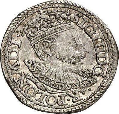 Аверс монеты - Трояк (3 гроша) 1596 года IE "Олькушский монетный двор" Дата "96 K" - цена серебряной монеты - Польша, Сигизмунд III Ваза