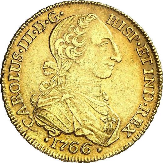 Awers monety - 8 escudo 1766 NR JV - cena złotej monety - Kolumbia, Karol III