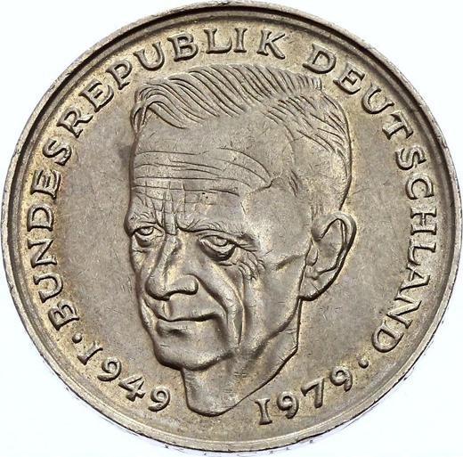 Аверс монеты - 2 марки 1979-1993 года "Курт Шумахер" Поворот штемпеля - цена  монеты - Германия, ФРГ