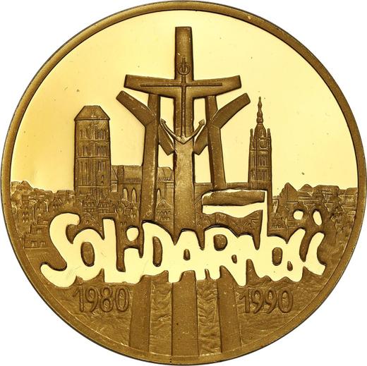 Reverso 200000 eslotis 1990 MW "10 aniversario de la fundación de Solidaridad" - valor de la moneda de oro - Polonia, República moderna