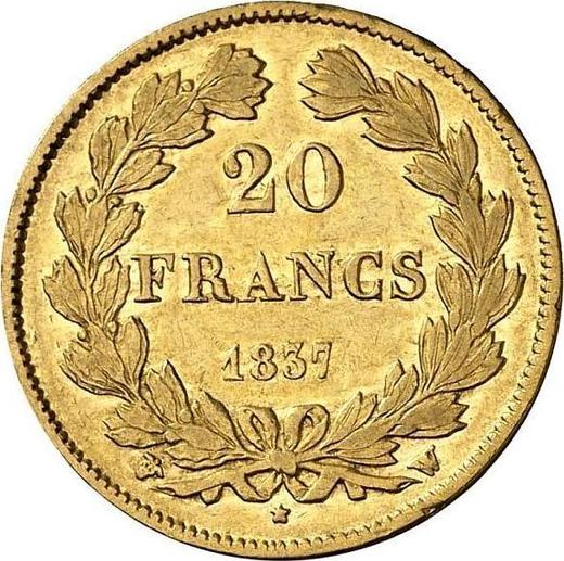 Reverse 20 Francs 1837 W "Type 1832-1848" Lille - Gold Coin Value - France, Louis Philippe I