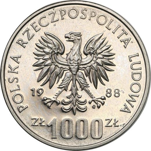 Obverse Pattern 1000 Zlotych 1988 MW ET "XIV World Cup FIFA - Italy 1990" Nickel -  Coin Value - Poland, Peoples Republic