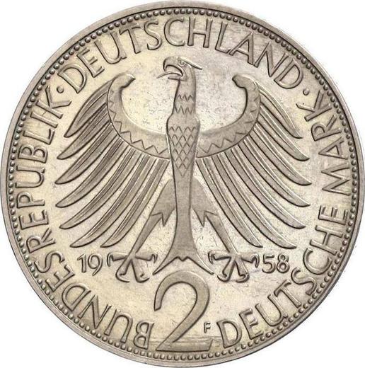 Reverso 2 marcos 1958 F "Max Planck" - valor de la moneda  - Alemania, RFA