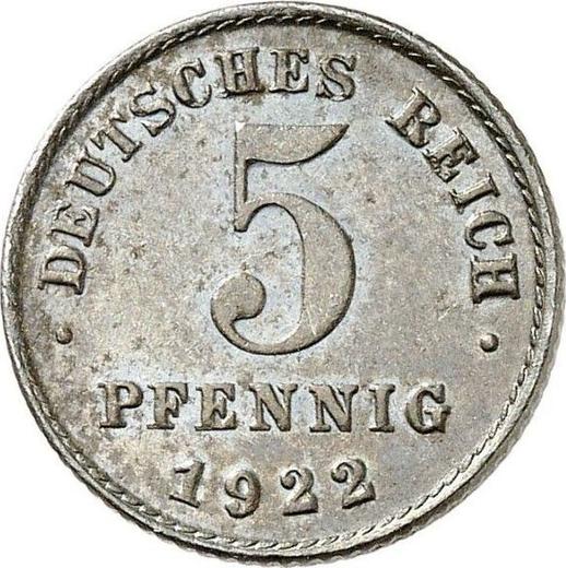 Anverso 5 Pfennige 1922 D - valor de la moneda  - Alemania, Imperio alemán