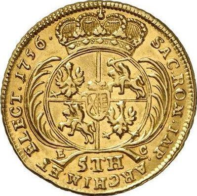 Rewers monety - 5 talarów (august d'or) 1756 EC "Koronny" - cena złotej monety - Polska, August III