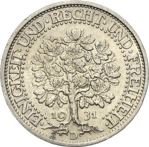 Reverso 5 Reichsmarks 1931 D "Roble" - valor de la moneda de plata - Alemania, República de Weimar