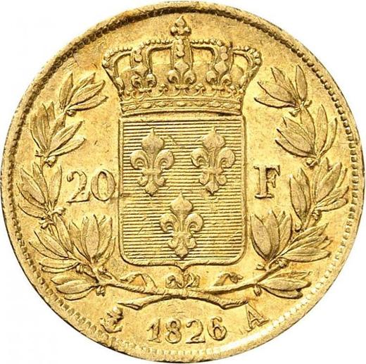Reverso 20 francos 1826 A "Tipo 1825-1830" París - valor de la moneda de oro - Francia, Carlos X
