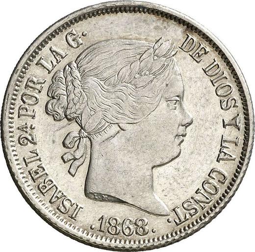 Аверс монеты - 20 сентаво 1868 года - цена серебряной монеты - Филиппины, Изабелла II