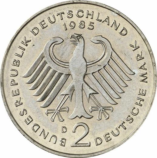 Reverse 2 Mark 1985 D "Konrad Adenauer" -  Coin Value - Germany, FRG