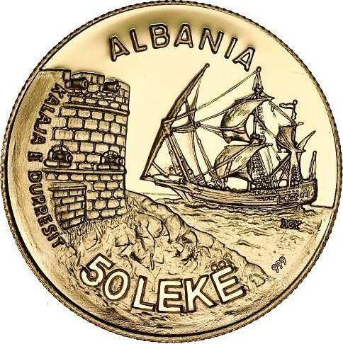 Аверс монеты - Пробные 50 леков 1986 года "Порт Дураццо" Золото - цена золотой монеты - Албания, Народная Республика