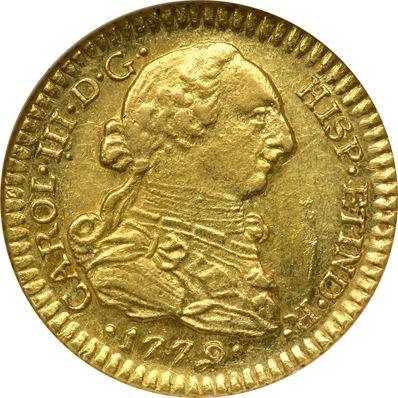 Awers monety - 1 escudo 1779 So DA - cena złotej monety - Chile, Karol III