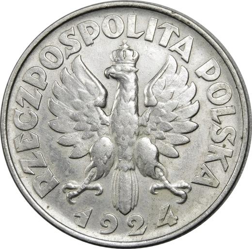 Аверс монеты - 2 злотых 1924 года Без знака монетного двора Отношение сторон (↑↓) - цена серебряной монеты - Польша, II Республика