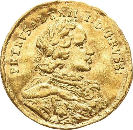 Anverso 1 chervonetz (10 rublos) 1716 "Inscripción latina" En el abrigo de pieles con hebilla - valor de la moneda de oro - Rusia, Pedro I