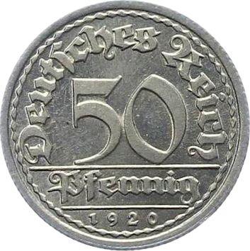 Anverso 50 Pfennige 1920 J - valor de la moneda  - Alemania, República de Weimar