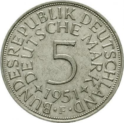 Аверс монеты - 5 марок 1951-1974 года Двойная надпись на гурте - цена серебряной монеты - Германия, ФРГ