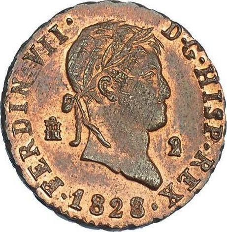 Аверс монеты - 2 мараведи 1828 года - цена  монеты - Испания, Фердинанд VII