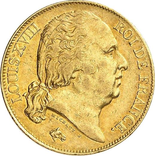 Аверс монеты - 20 франков 1816 года W "Тип 1816-1824" Лилль - цена золотой монеты - Франция, Людовик XVIII