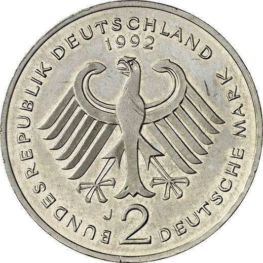 Reverso 2 marcos 1992 J "Franz Josef Strauß" - valor de la moneda  - Alemania, RFA