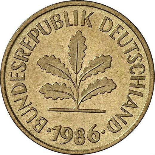 Реверс монеты - 5 пфеннигов 1986 года G - цена  монеты - Германия, ФРГ