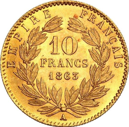Reverso 10 francos 1863 A "Tipo 1861-1868" París - valor de la moneda de oro - Francia, Napoleón III Bonaparte