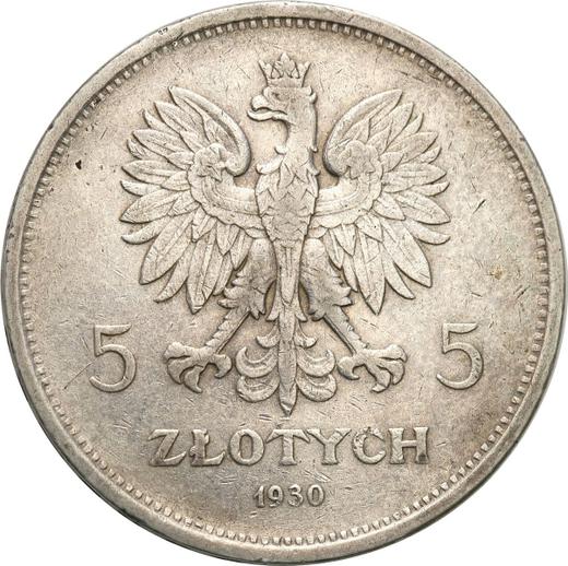 Anverso 5 eslotis 1930 "Nike" - valor de la moneda de plata - Polonia, Segunda República
