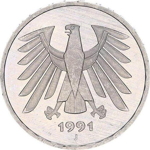 Реверс монеты - 5 марок 1991 года J - цена  монеты - Германия, ФРГ