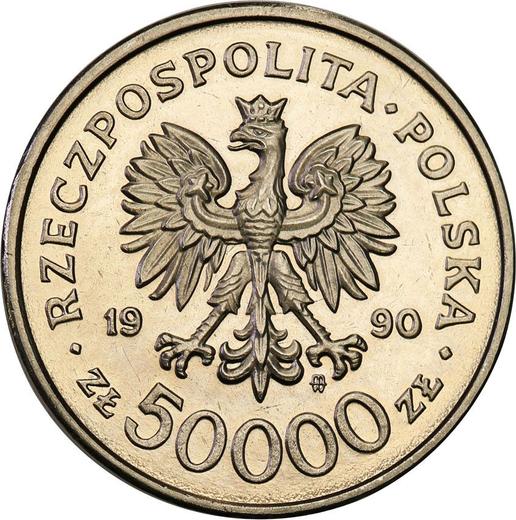 Аверс монеты - Пробные 50000 злотых 1990 года MW "10 лет профсоюзу "Солидарность"" Никель - цена  монеты - Польша, III Республика до деноминации