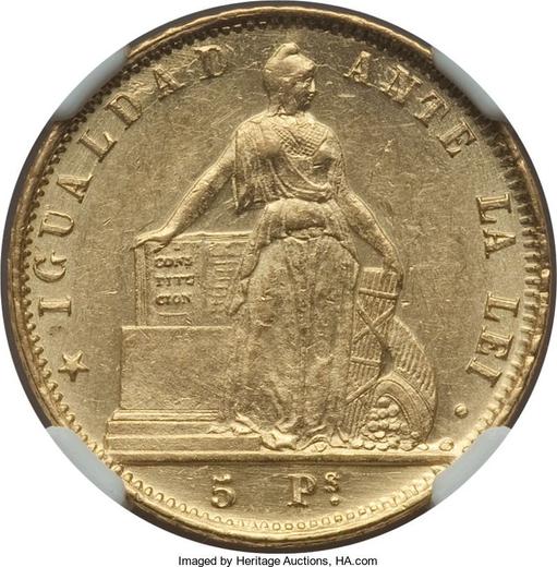 Rewers monety - 5 peso 1865 So - cena złotej monety - Chile, Republika (Po denominacji)