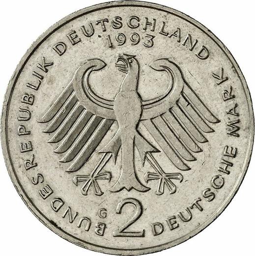 Reverse 2 Mark 1993 G "Kurt Schumacher" -  Coin Value - Germany, FRG