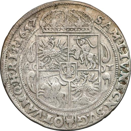 Rewers monety - Ort (18 groszy) 1657 AT "Prosta tarcza" - cena srebrnej monety - Polska, Jan II Kazimierz