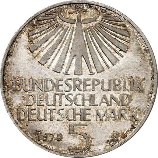 Реверс монеты - 5 марок 1979 года G "Отто Ган" Серебро - цена серебряной монеты - Германия, ФРГ
