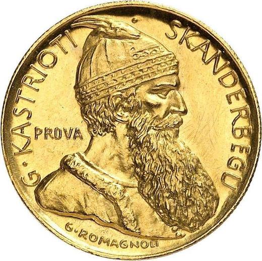 Anverso Pruebas 20 franga ari 1927 V "Skanderbeg" Inscripción PROVA - valor de la moneda de oro - Albania, Zog I
