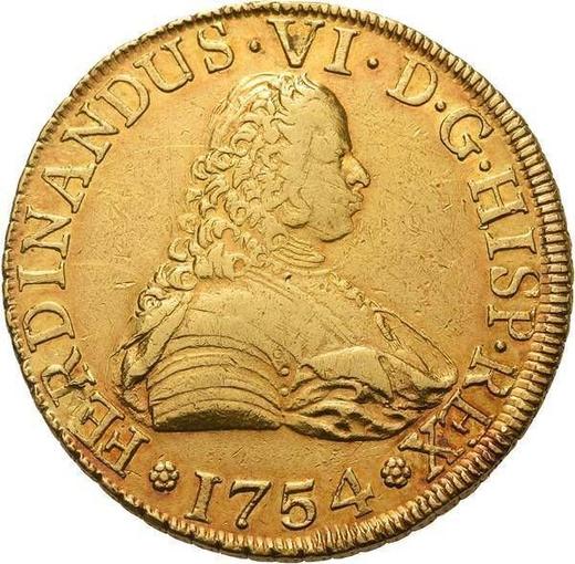 Anverso 8 escudos 1754 So J - valor de la moneda de oro - Chile, Fernando VI