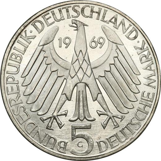 Реверс монеты - 5 марок 1969 года G "Теодор Фонтане" - цена серебряной монеты - Германия, ФРГ