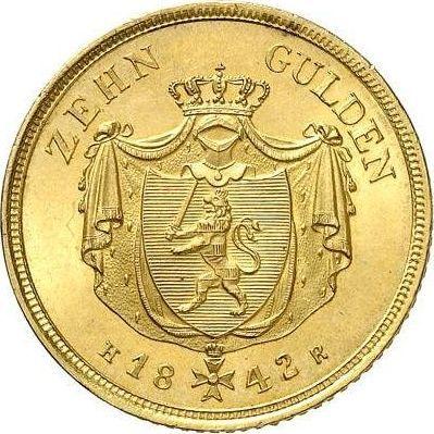 Rewers monety - 10 guldenów 1842 C.V.  H.R. - cena złotej monety - Hesja-Darmstadt, Ludwik II